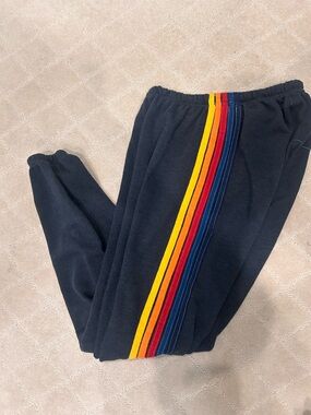 Aviator Nation. Navy Sweatpants with Yellow, Red & Blue Stripe